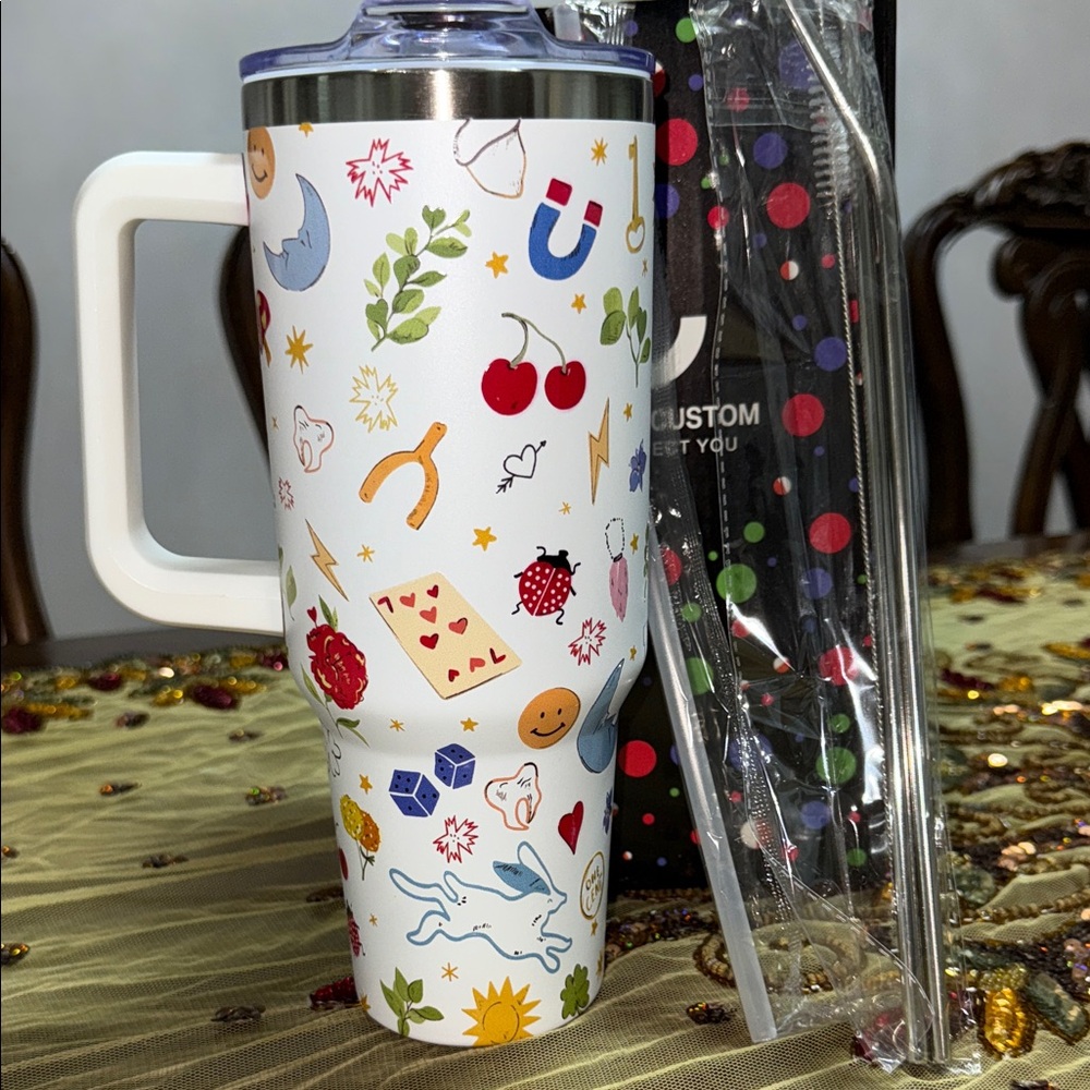 40 OZ White Tumbler with Colorful Icons